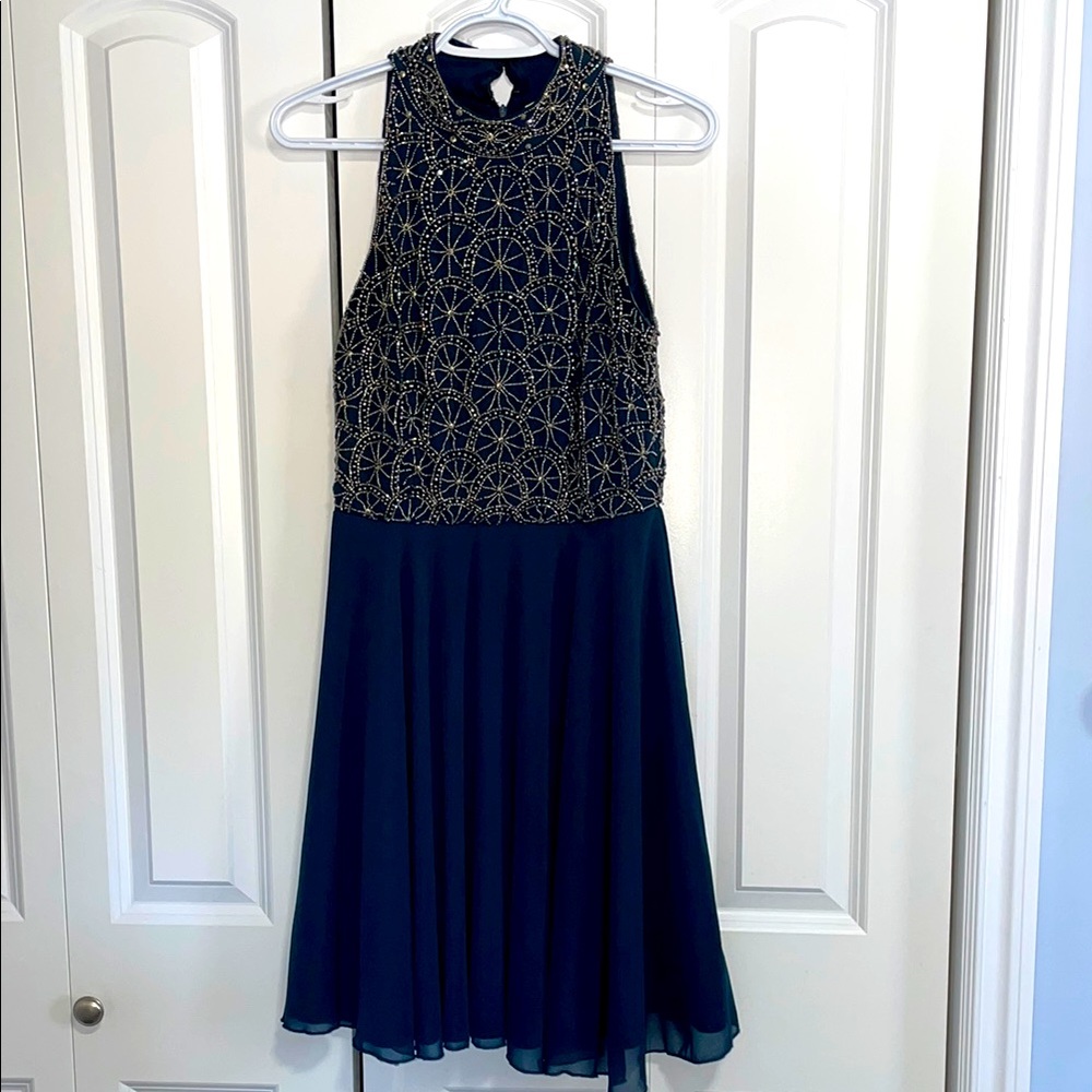Elegant Navy & Pewter Apricot beaded gown